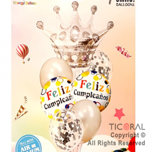 SET DE GLOBOS METALIZADO CORONA PRINCESA FELIZ CUMPLEAOS PLATA 7 UNIDADES X 1